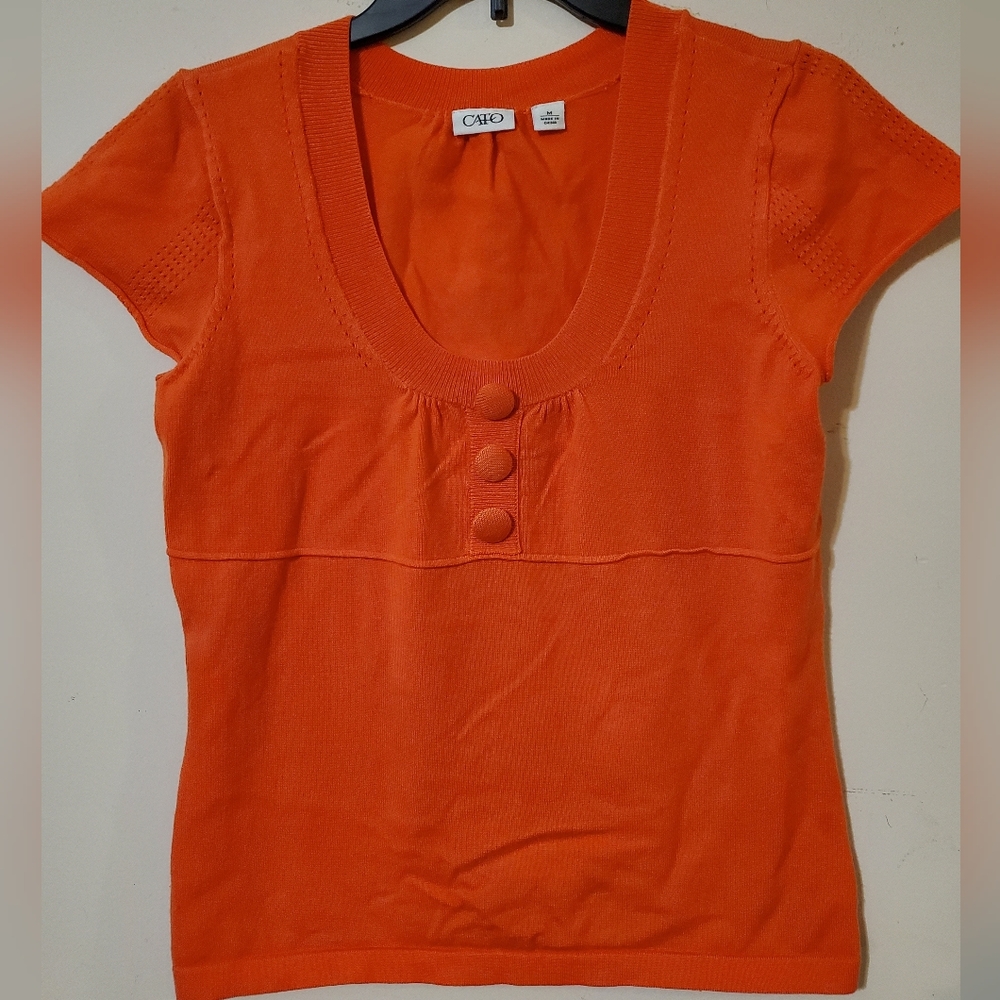 Y2k Bright Orange Cap Sleeve Scoop Neck Sweater Top with Button Detail